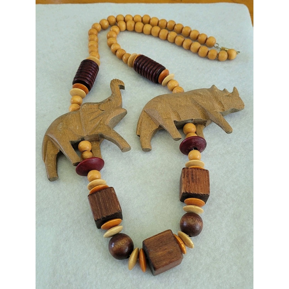 Vintage Safari Animal Necklace Carved Elephant Rhino Wood Beads Tribal Boho